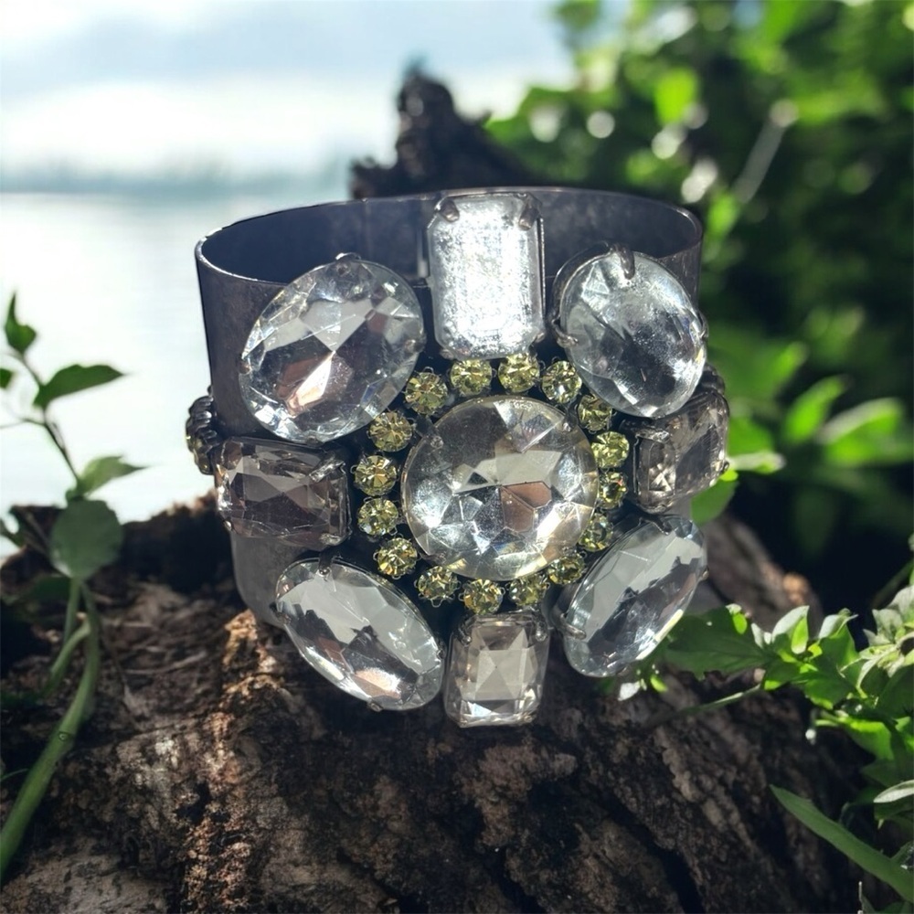 Vintage Silver-tone statement cuff bracelet w/ oversized rhinestones